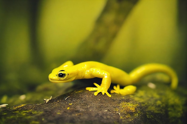 Kleine felgele salamander tegen de achtergrond van groen bos