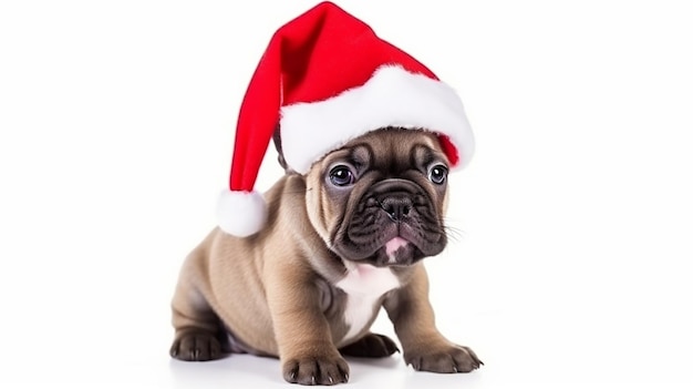 kleine Franse bulldog met kerstman hoed geïsoleerd op een witte achtergrond