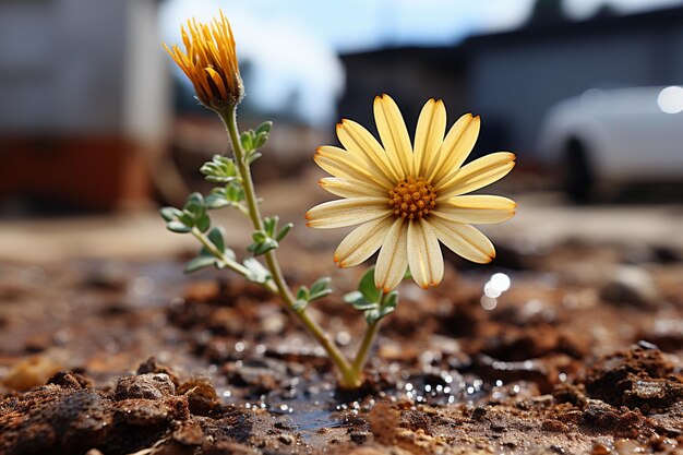 Foto kleine gele daisy wilde bloem met verwelkte stamen close-up achtergrond