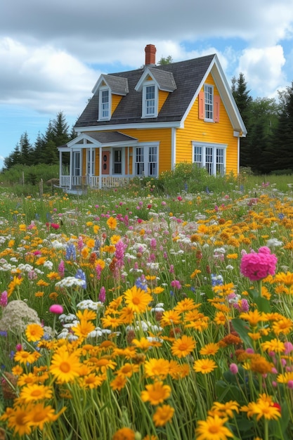 Kleine gele huisje omringd door een veld van kleurrijke bloemen