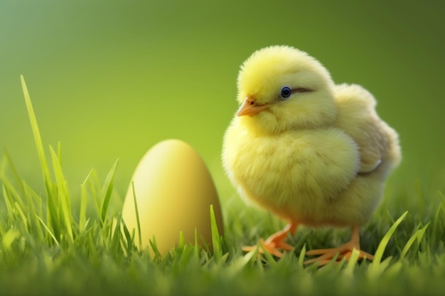 Foto kleine gele kip en ei op het gras op groene achtergrond