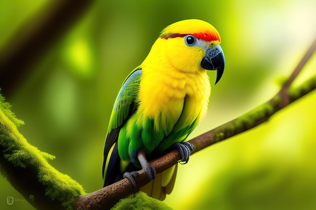 Kleine gele papegaai op een tak in het bos Digitale kunst