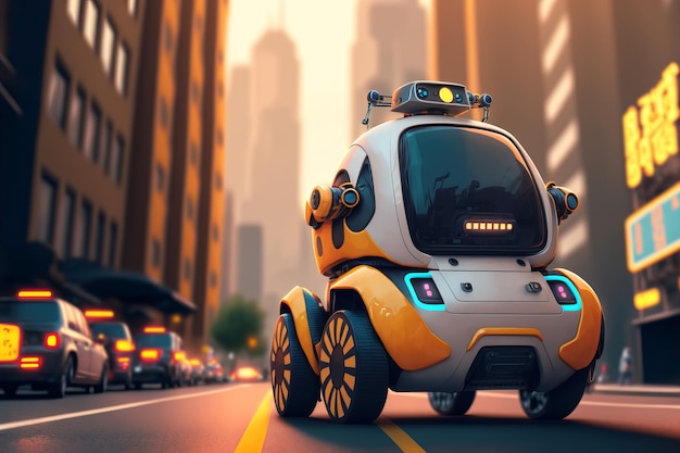 Foto kleine gele robottaxi rijdt langs de grote stadsstraat kunstmatige intelligentie bestuurt de auto generatieve ai-illustratie