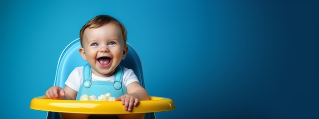 Kleine gelukkige babyjongen glimlacht en zit aan tafel Concept van gezond kindervoedsel Blauwe achtergrond Ai generatieve illustratie