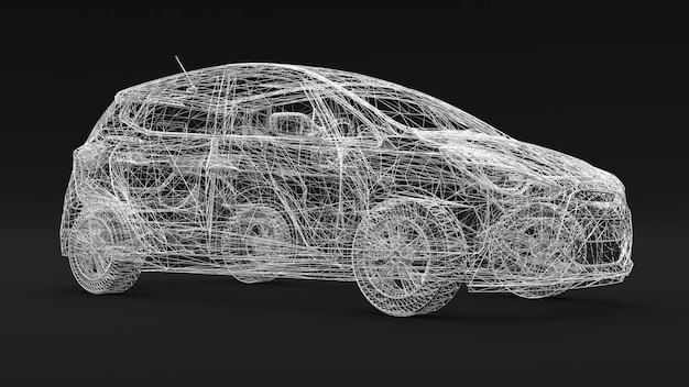 Kleine gezinsauto, mesh-design. 3D-weergave.