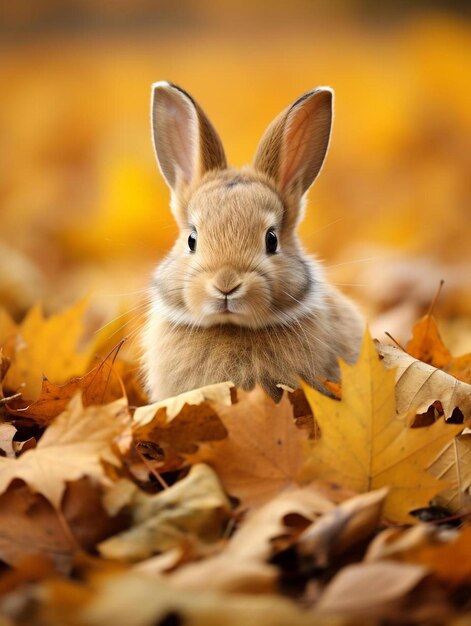 Foto kleine grappige konijn zit in bladeren in de herfst