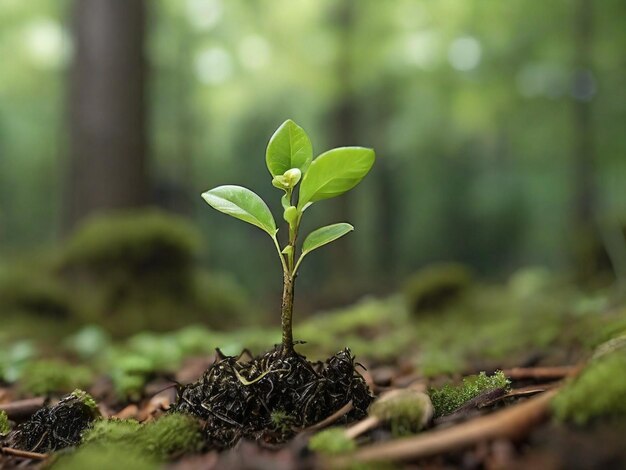 Kleine groene planten spruiten uit de bosbodem