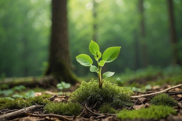 Kleine groene planten spruiten uit de bosbodem