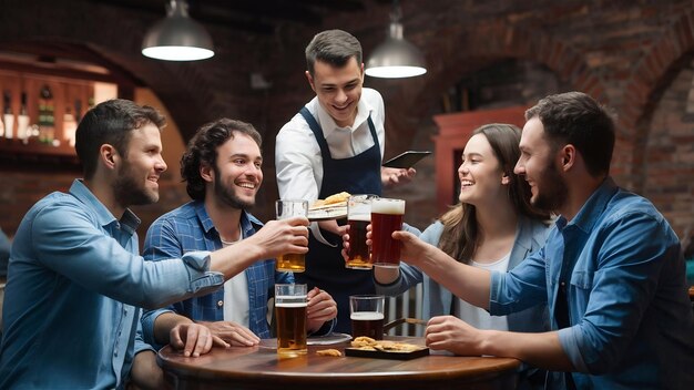 Kleine groep gelukkige vrienden die bier drinken terwijl de ober hen een snack serveert in een taverne