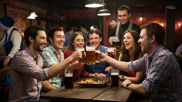 Kleine groep gelukkige vrienden die bier drinken terwijl de ober hen een snack serveert in een taverne