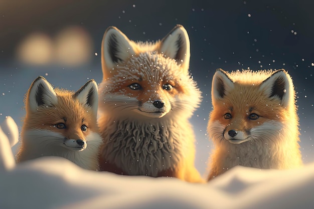 Kleine groep kleine en schattige vossen in de sneeuw Gegenereerd door AI