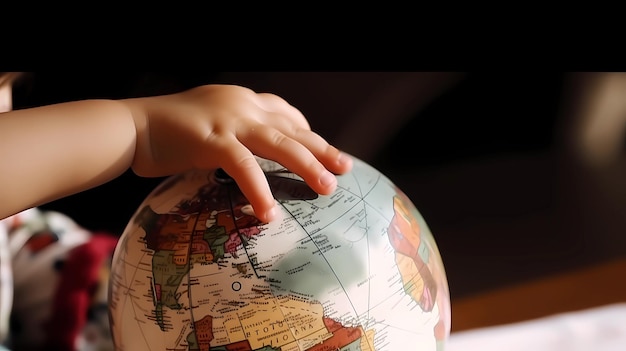 Kleine hand van een kind dat spelen en plezier verkent met de aarde wereldbol aarde dag leren en bewustzijn concept ai generatief