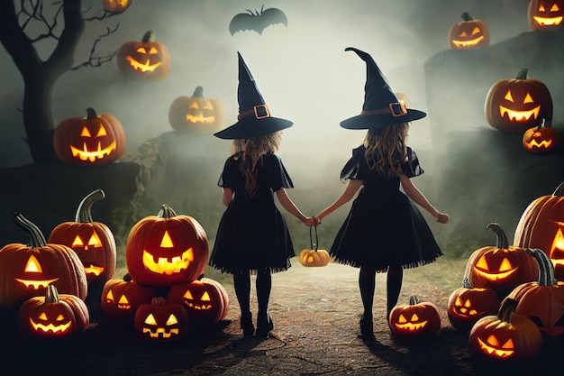 Kleine heksen met jack o' lantern gaan voor trick or treat 3d illustratie