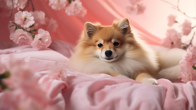 Kleine hond die op een roze deken rust