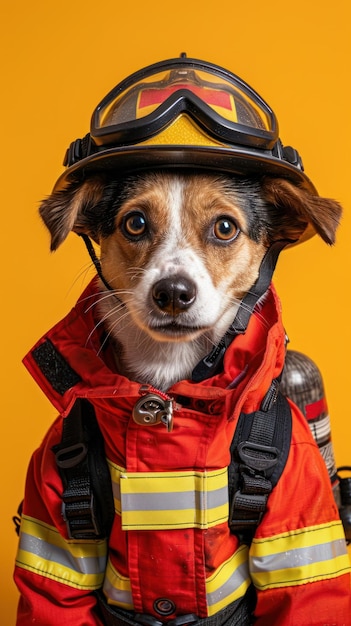 Foto kleine hond in brandweeruniform.