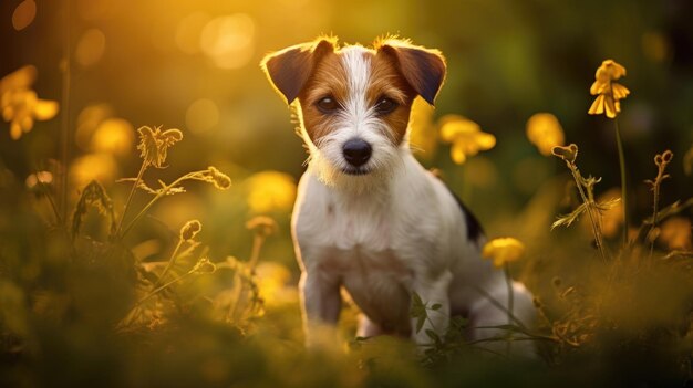 Kleine hond in een veld van gele bloemen