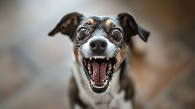 Foto kleine hond met grote tanden en open mond lijkt te blaffen of te brullen naar iemand of iets