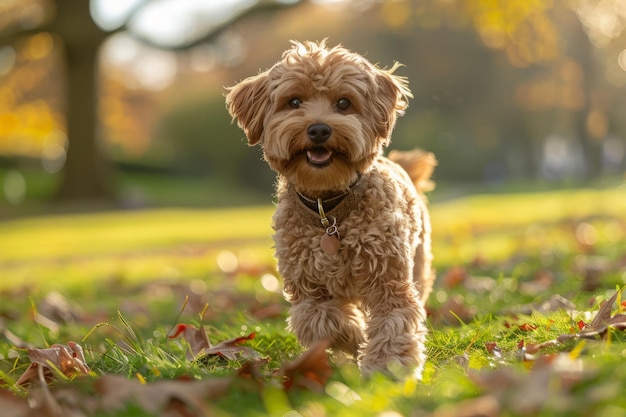 Foto kleine hond met halsband die in het park loopt