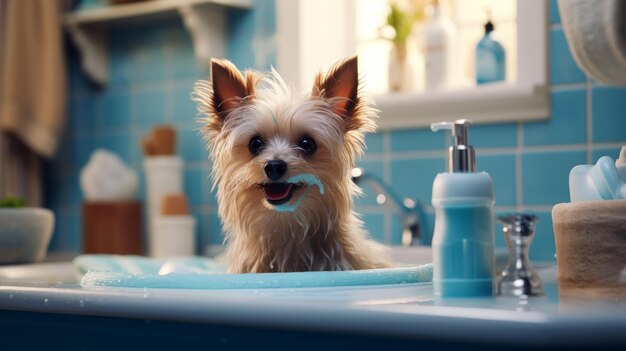 Kleine hond zit in de wastafel