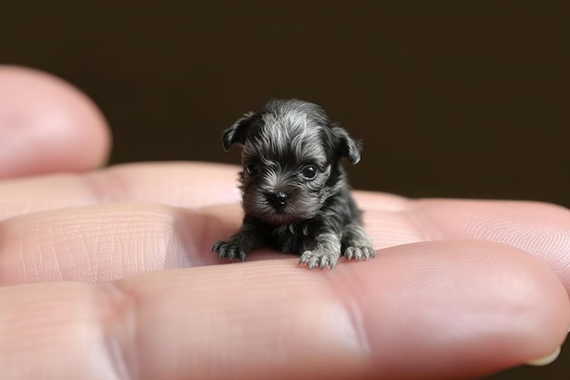 Kleine hond zittend op eigenaarspalm Generatieve AI