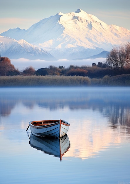 Kleine houten boot die vredig over een kalm meer glijdt met majestueuze besneeuwde bergen