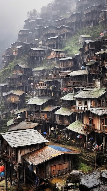 Kleine houten huisjes in kleine bergdorpjes in China in de regen