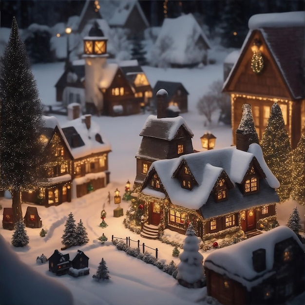 Kleine huizen gloeien met warme lichten in een besneeuwd landschap