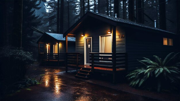 Kleine hut in donker bos gegenereerd door AI