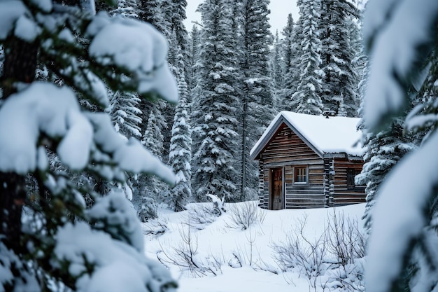 Kleine hut omringd door met sneeuw bedekte dennen in de winter gegenereerd door AI