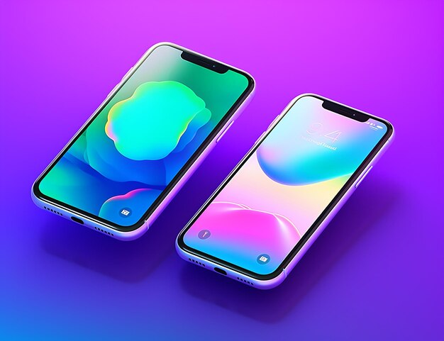 kleine iphone android-telefoons op de blauwe achtergrond met het felblauwe licht schijnend