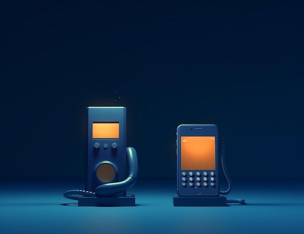 kleine iphone android-telefoons op de blauwe achtergrond met het felblauwe licht schijnend