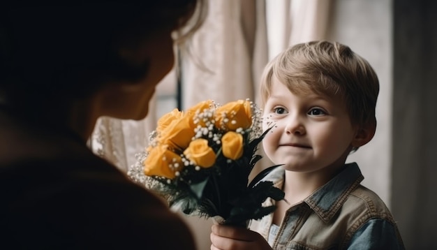 Kleine jongen die bloemen vasthoudt die zijn moeder omhelst en moederdag viert Generatieve AI