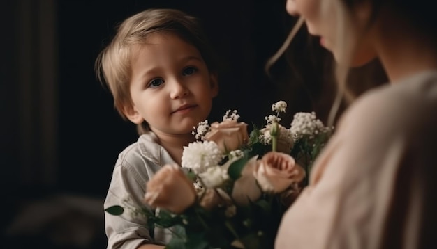 Kleine jongen die bloemen vasthoudt die zijn moeder omhelst en moederdag viert Generatieve AI
