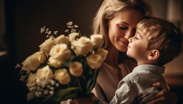 Kleine jongen die bloemen vasthoudt die zijn moeder omhelst en moederdag viert Generatieve AI