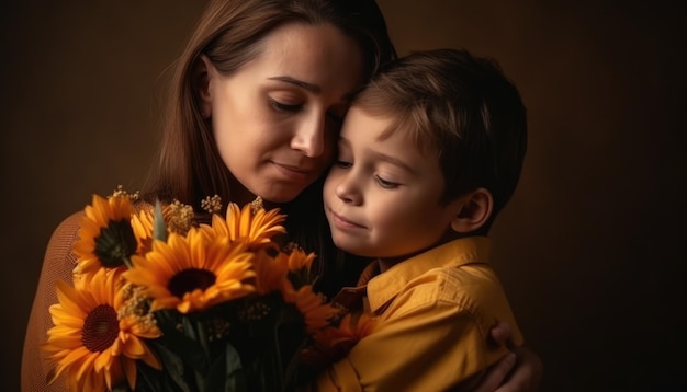 Kleine jongen die bloemen vasthoudt die zijn moeder omhelst en moederdag viert Generatieve AI