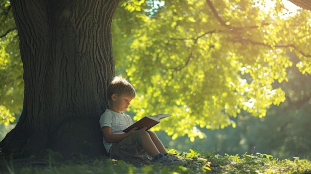 Kleine jongen die een boek leest onder de grote lindeboom