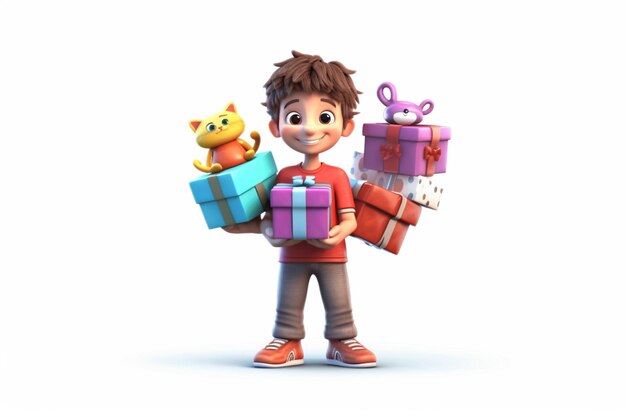 kleine jongen die geschenken vasthoudt met cartoonstijl 3d