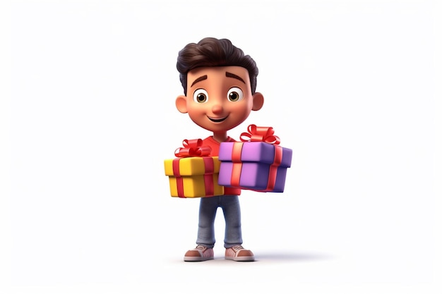 kleine jongen die geschenken vasthoudt met cartoonstijl 3d