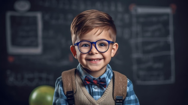 Kleine jongen die glimlacht terwijl hij tegen een schoolbord staatGemaakt met generatieve AI-technologie