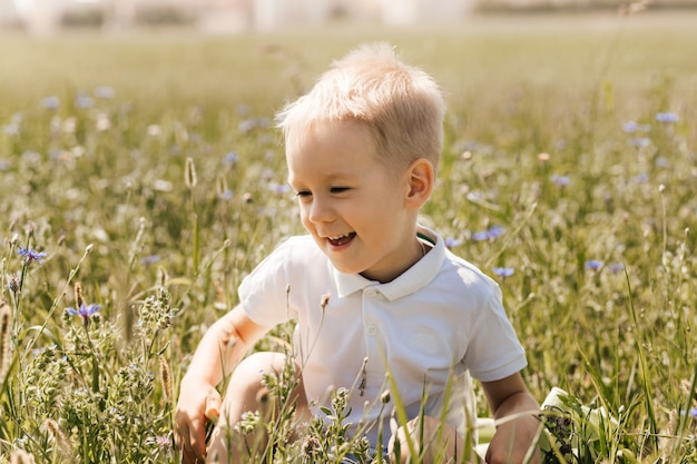 Kleine jongen die in de zomer door het veld loopt. Jeugd. Zomertijd. Zomervakantie