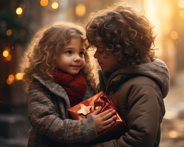 Kleine jongen en meisje geven elkaar geschenken en knuffelen