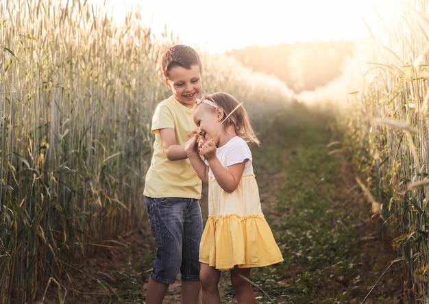 Kleine jongen en meisje spelen in het veld kinderen in de zomerweide Familievakantie in het land Broers en zussen houden van