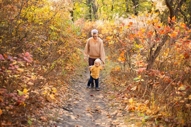 Kleine jongen en zijn moeder in de herfstachtergrond met gouden en rode bomen Thanksgiving-vakantieseizoen