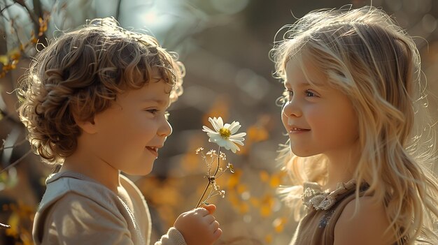 Foto kleine jongen geeft een bloem aan een blond meisje hij kijkt naar haar met tederheid en liefde vriendschap