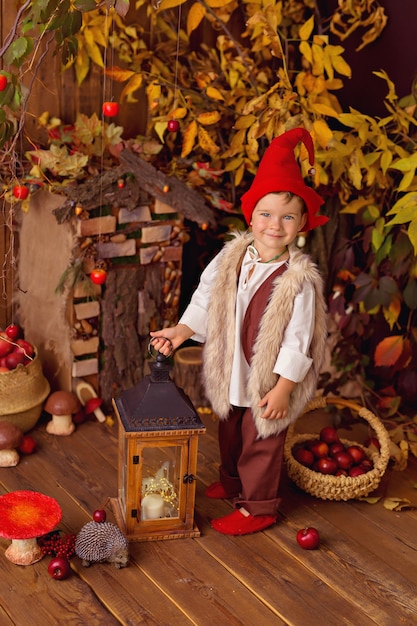 kleine jongen gnome kostuum dragen voor Halloween