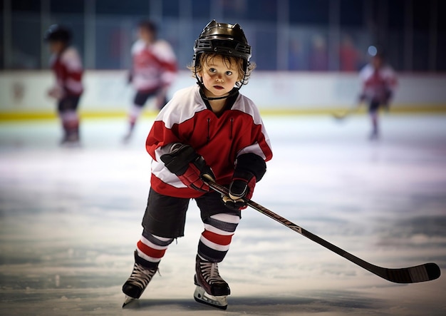 Kleine jongen ijshockeyspeler met een ijshockeystok op een grote arena tijdens trainingAI Generative