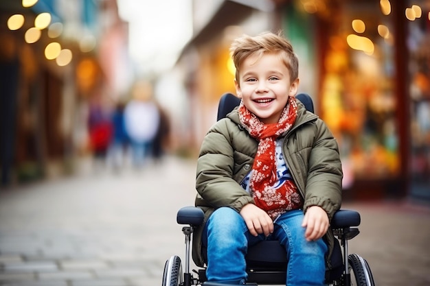 Kleine jongen in een rolstoel op weg naar revalidatie kopie ruimte