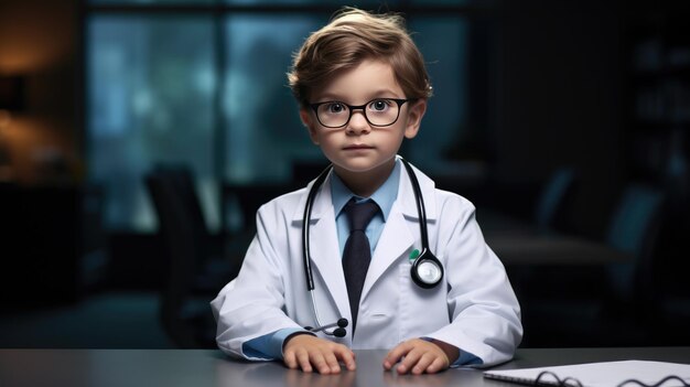 Kleine jongen in een witte jas speelt dokter het concept van een kind in een volwassen beroep