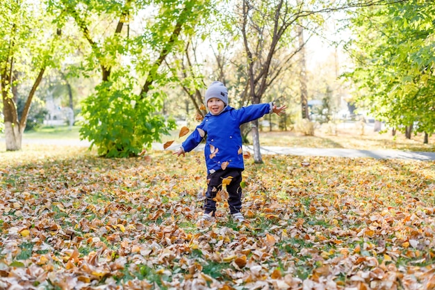 Kleine jongen in herfst park, kind plezier met gele bladeren