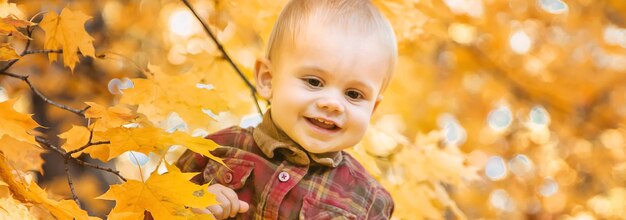 Kleine jongen in het park op herfstbladeren Selectieve focus